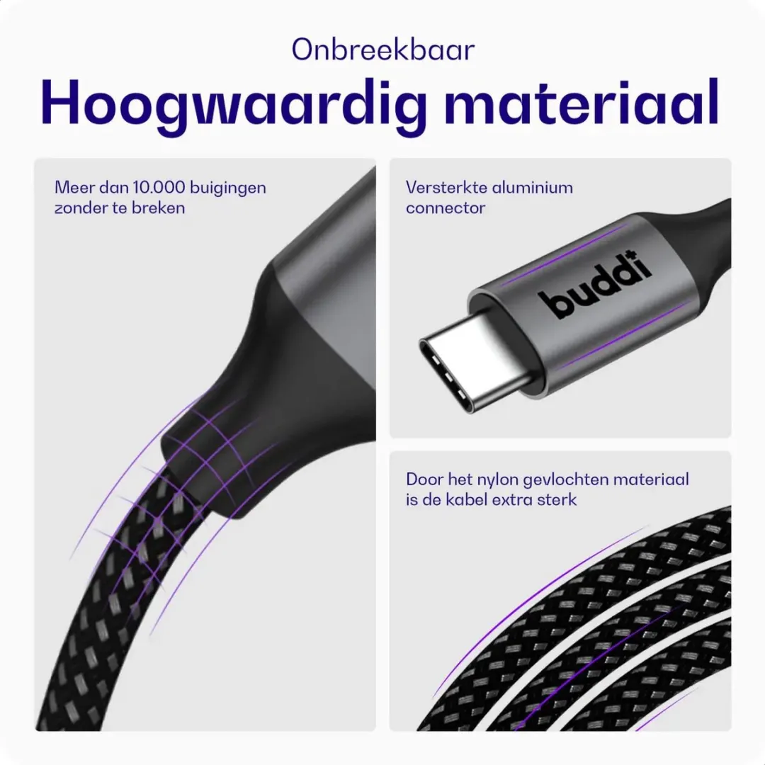 Buddi Flex USB-C Verlengkabel Female naar Male 60W Power Delivery - 3m - Zwart