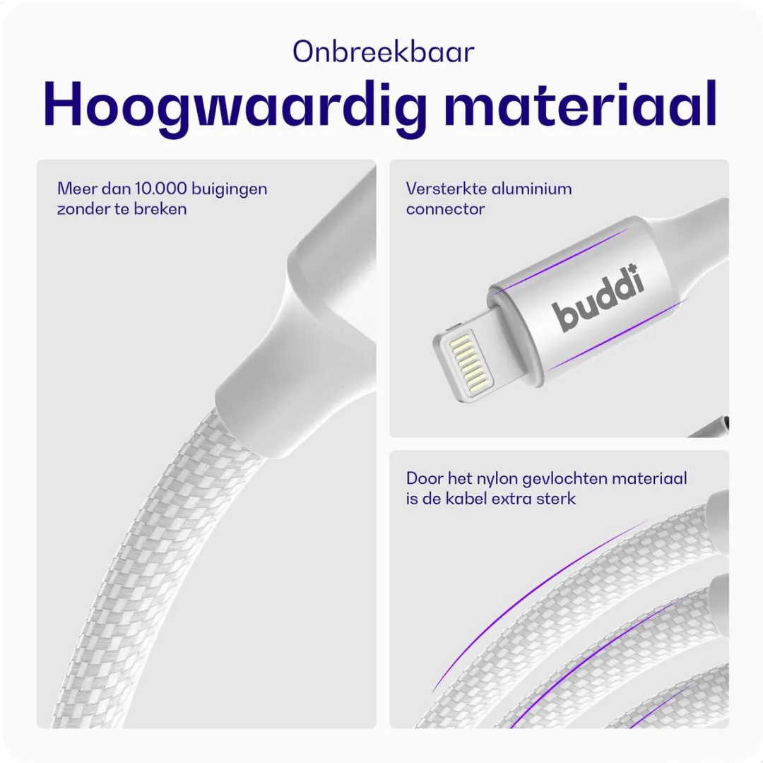 Buddi Flex USB-C naar Lightning Kabel 20W Wit - 3M