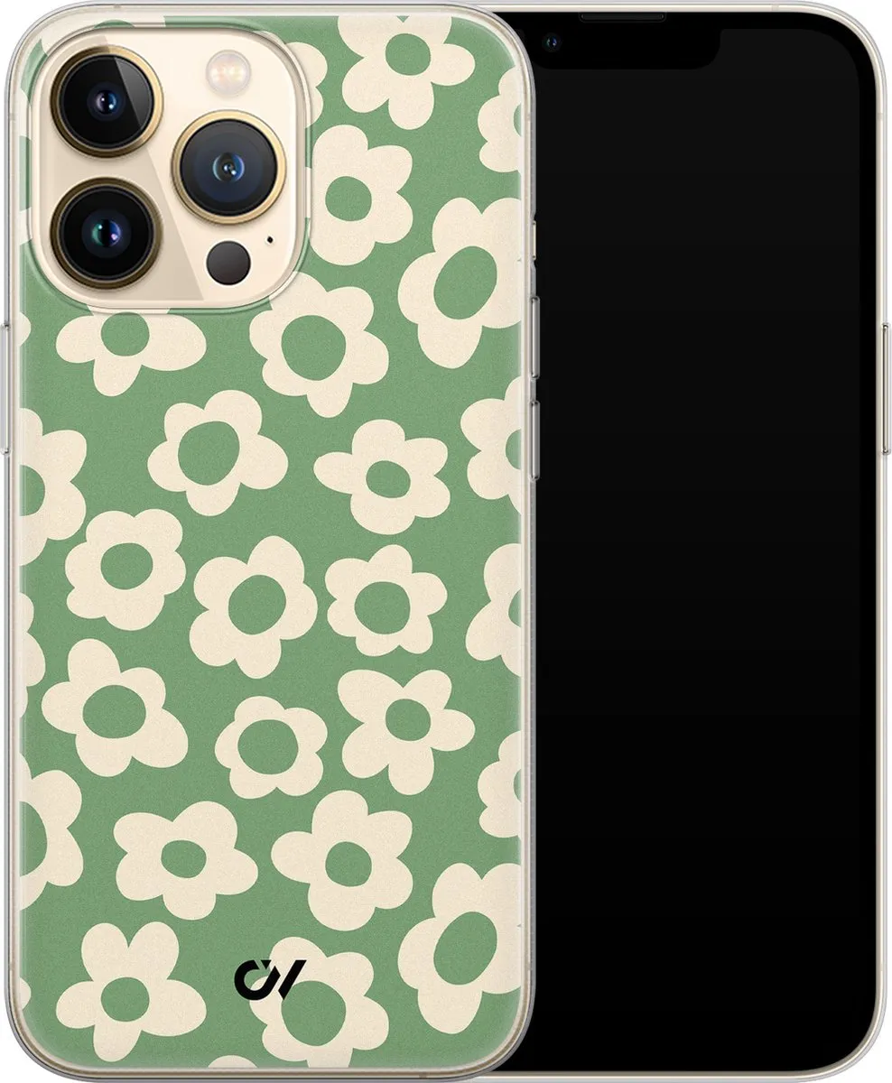 Casevibes iPhone 13 Pro Hoesje Groen - Retro Cute Flowers