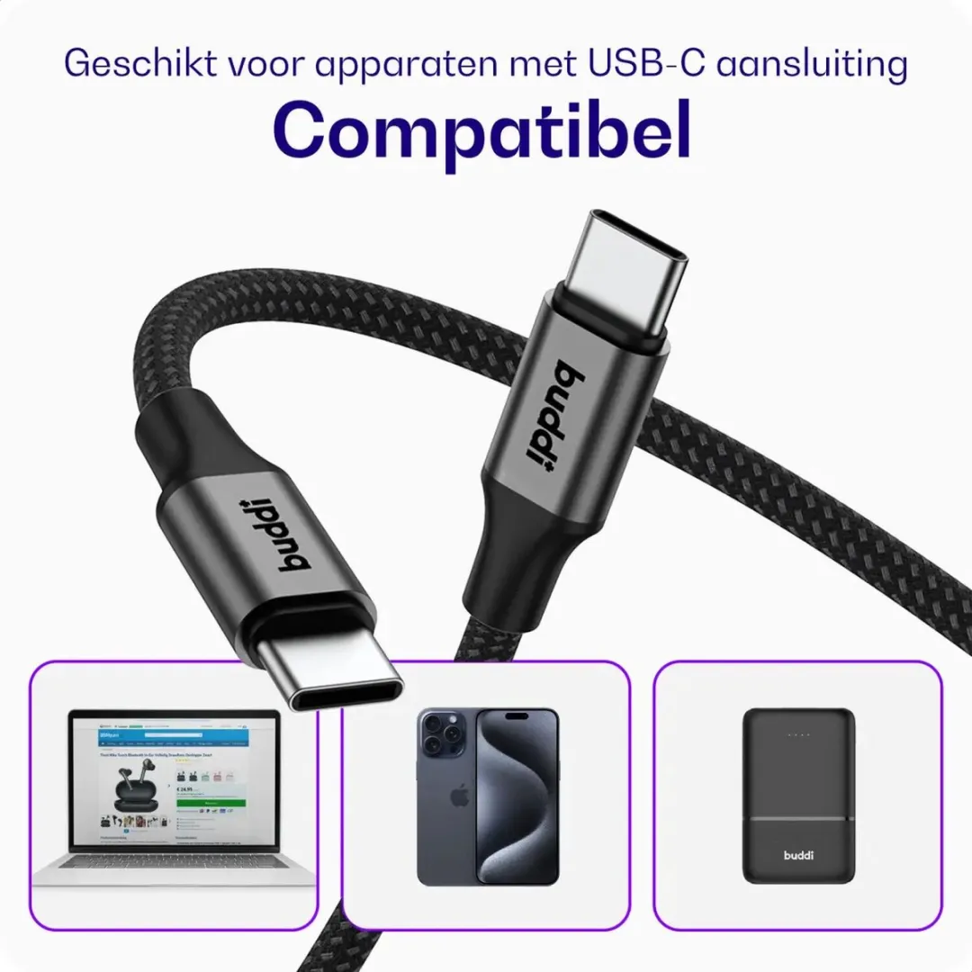 Buddi Flex Magnetische USB-C Kabel 60W - 1M - Zwart