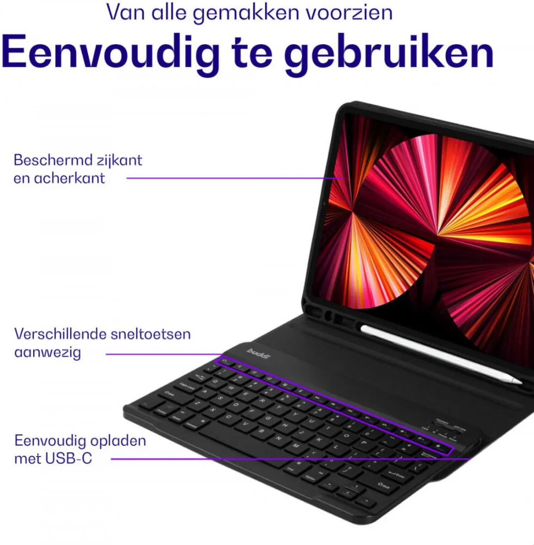 Buddi Zuna Hoes met QWERTY Toetsenbord Geschikt voor Apple iPad Air (2022/2020) | Beschermhoes | Bluetooth 5.0 | met Penhouder | Magnetisch Uitneembaar Keyboard | Book Case met Standaard | Zwart