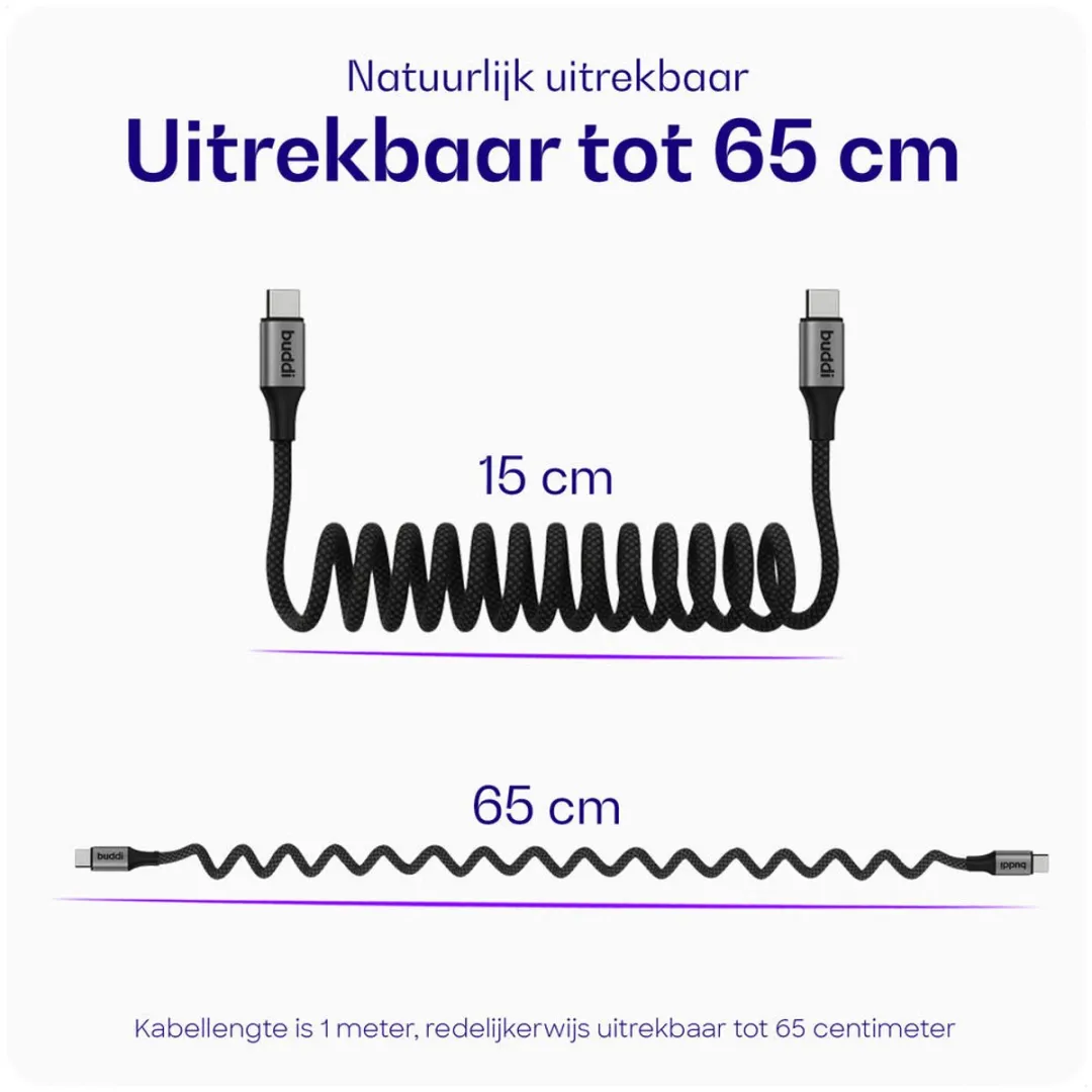 Buddi Flex Duo Pack USB-C Krul Kabel 60W 1M - Zwart