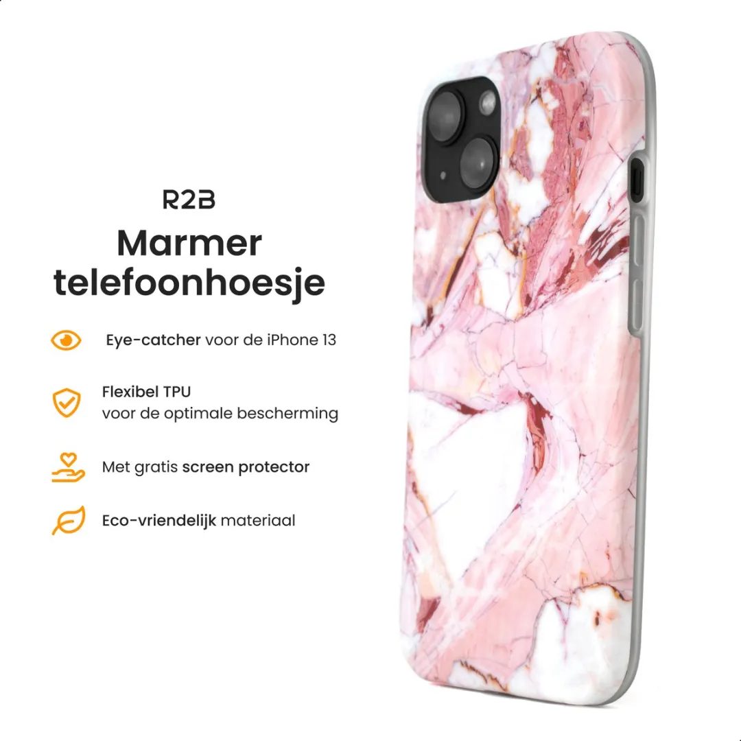R2B iPhone 14 Hoesje Marmer - Roze/Wit/Oranje