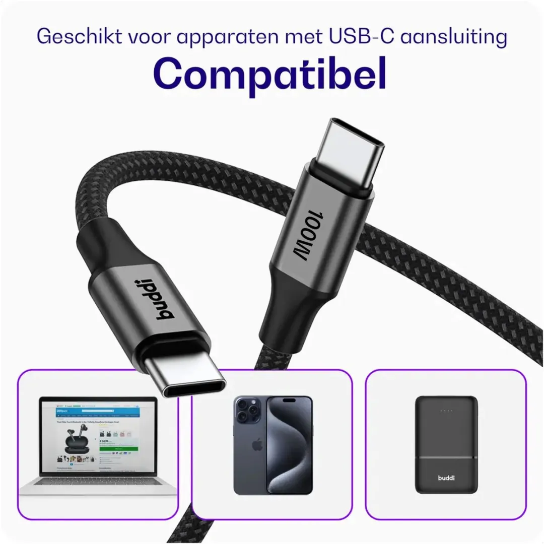 Buddi Flex USB-C naar USB-C Kabel 100W - 480Mbps - 3M Zwart