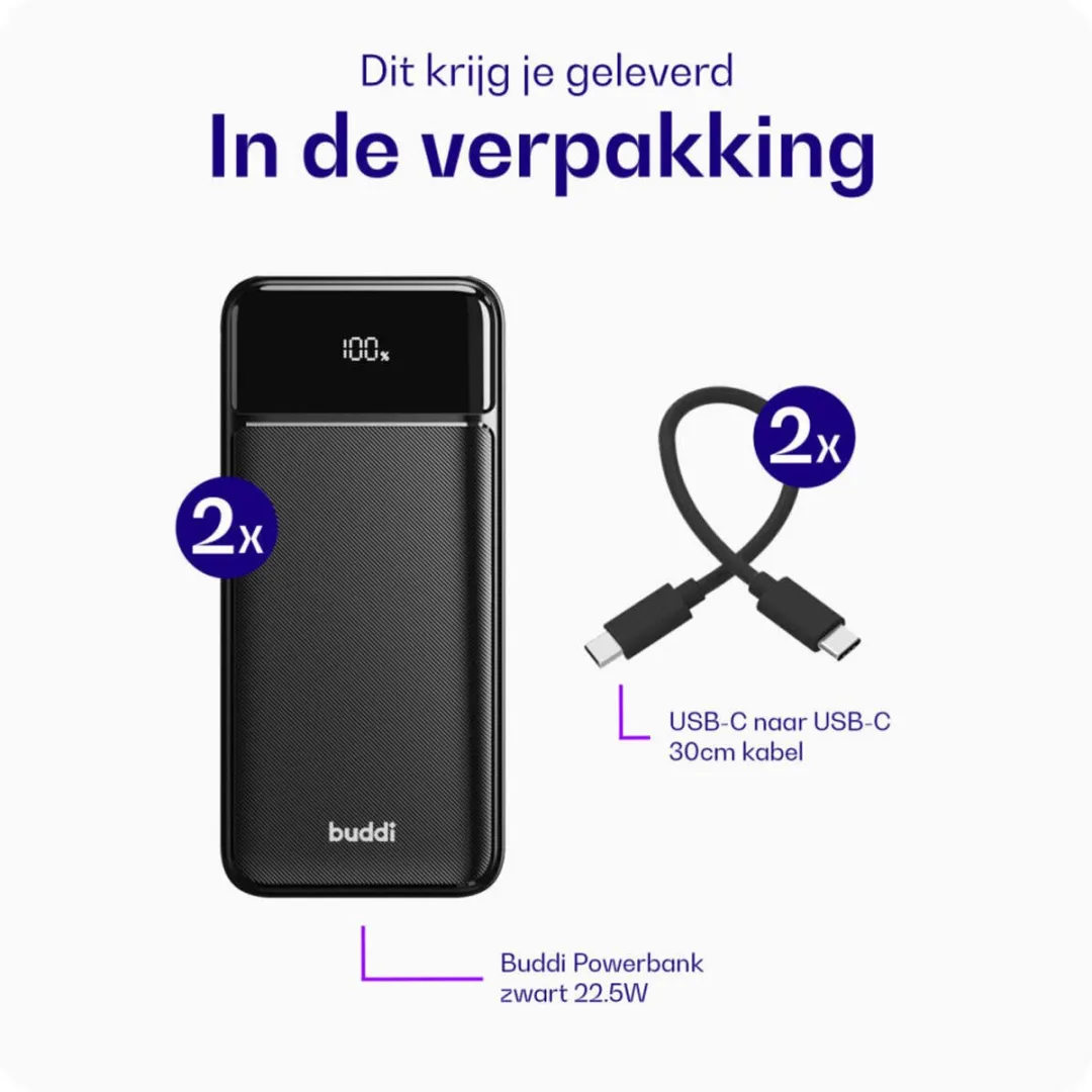 Buddi Boost 10.000 mAh Powerbank - USB-A/USB-C - 22,5W - Zwart