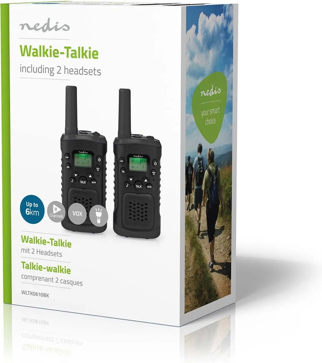 Nedis Walkie Talkie – Set van 2 – 6 km Bereik – 8 Kanalen – Met Headsets – Zwart