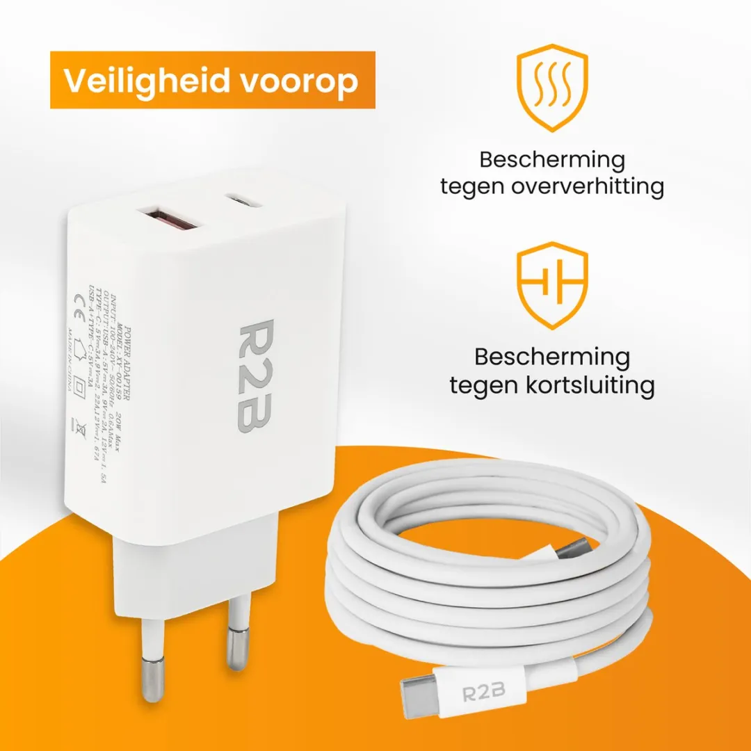 R2B USB-C Kabel 1m met USB-A Adapter - Snellader