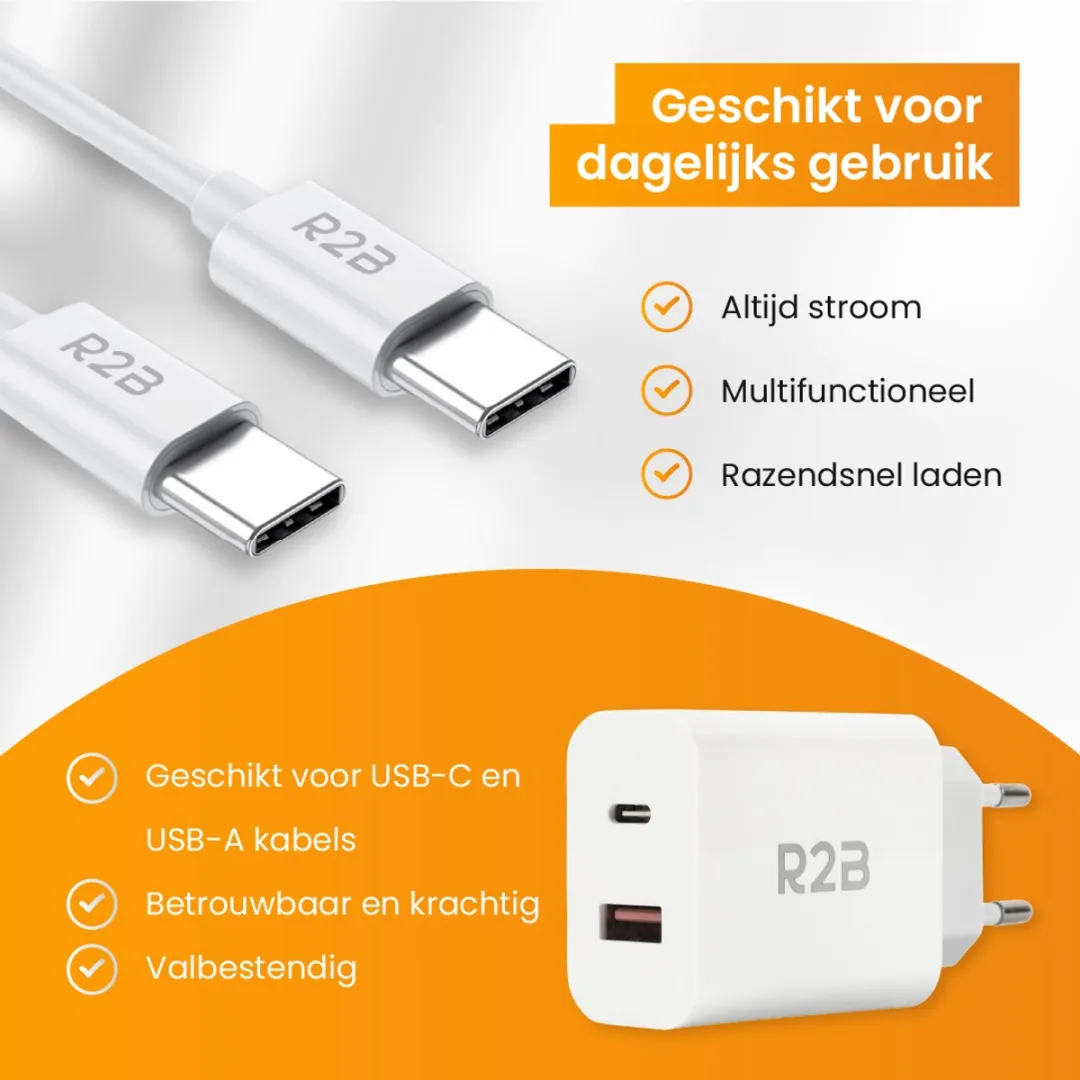 R2B USB-C Kabel 1m met USB-A Adapter - Snellader