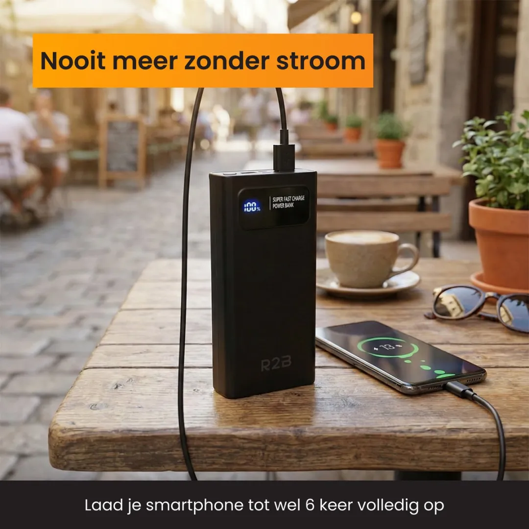 R2B Powerbank 20000mAh - 74W - 5 Outputs - Zwart