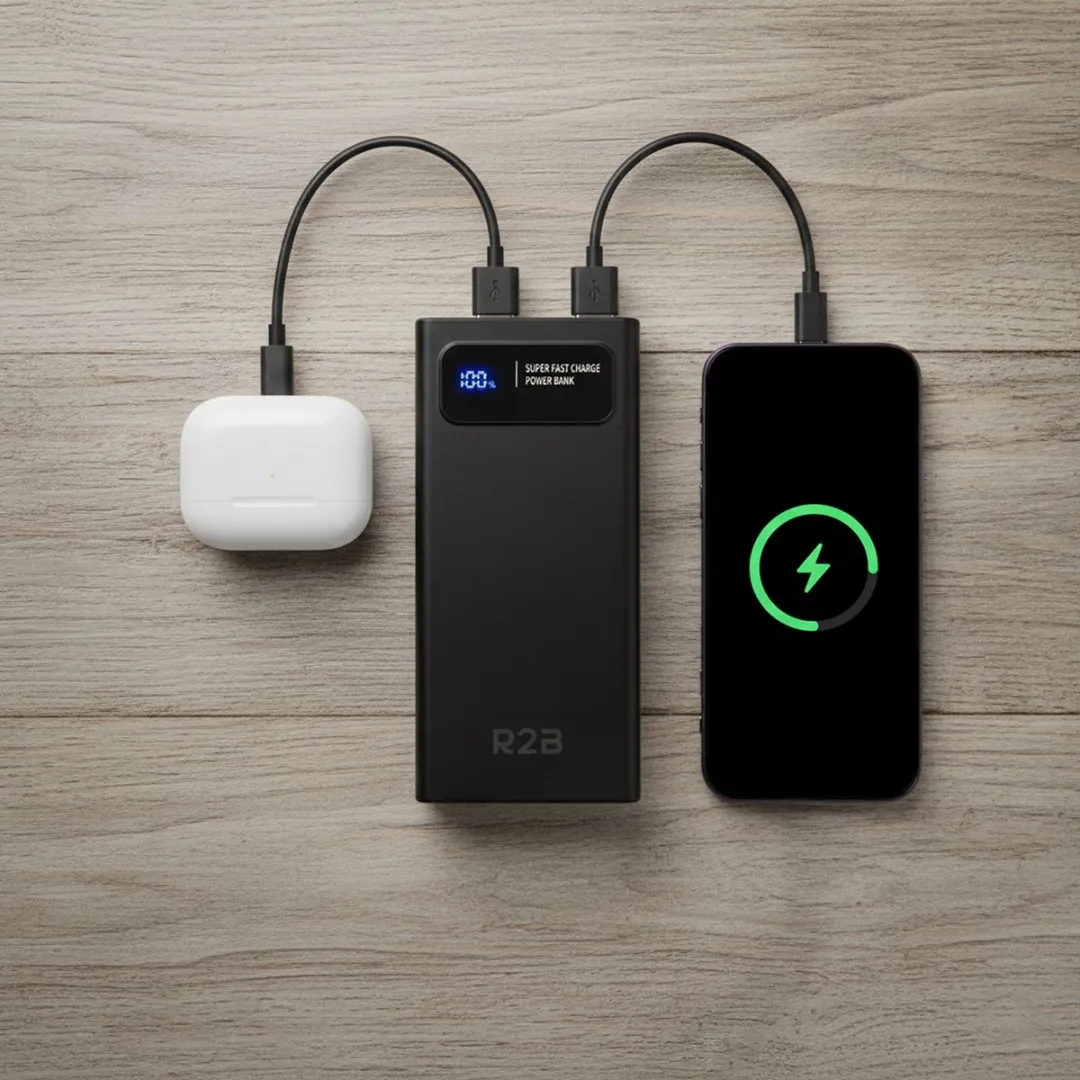 R2B Powerbank 20000mAh - 74W - 5 Outputs - Zwart
