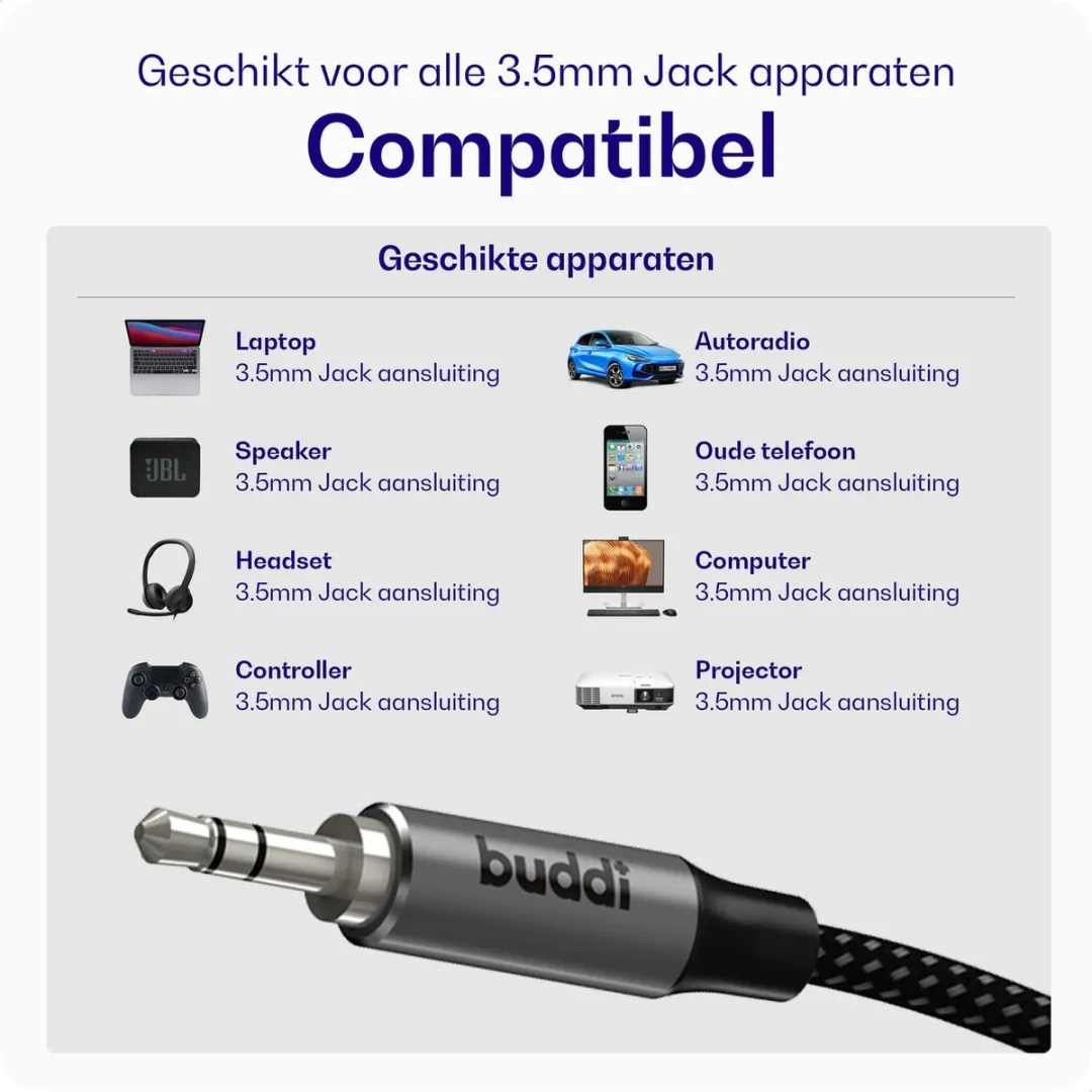 Buddi Flex Aux Kabel 3.5mm Jack - 1 Meter - Zwart
