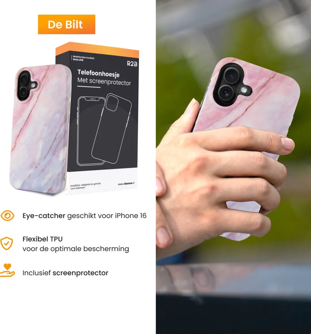 R2B iPhone 16 Hoesje Marmer - Roze/Grijs/Blauw