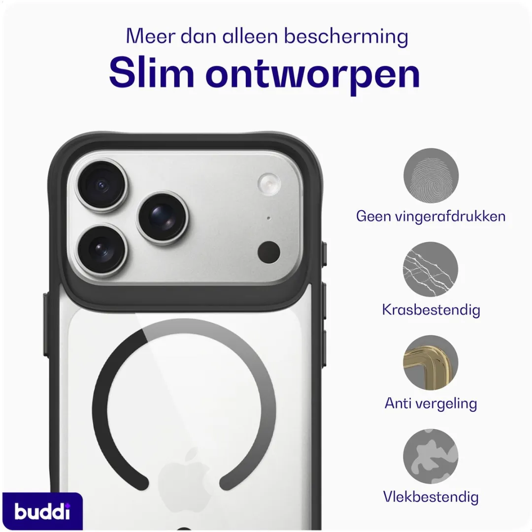 Buddi Hybrid iPhone 17 Pro Max Hoesje - MagSafe - Transparant Zwart