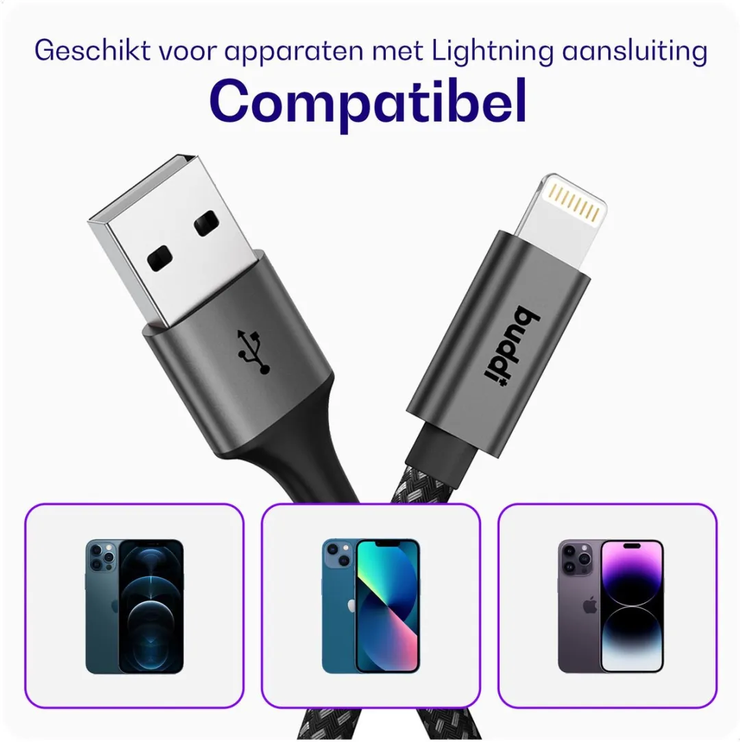 Buddi Flex BD-FLX-LGT-BK USB-A naar Lightning Krulkabel 12W - 1M - Zwart
