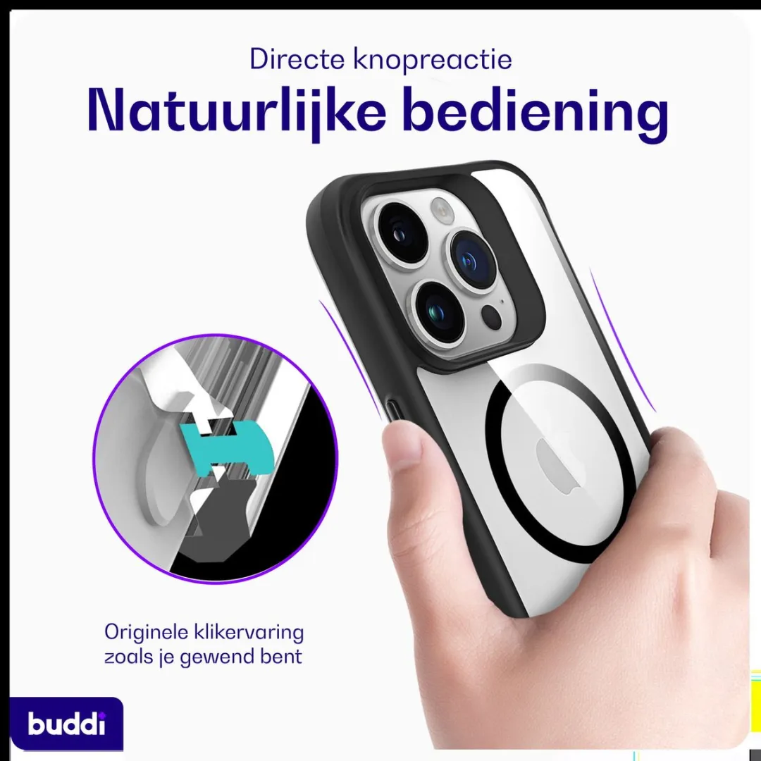 Buddi Hybrid Hoesje iPhone 15 Pro Max - MagSafe - Transparant Zwart