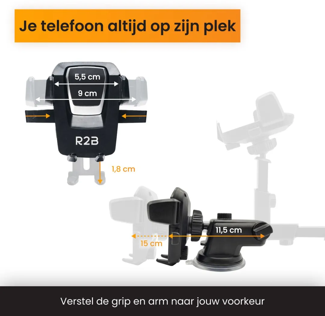 R2B Beemster Telefoonhouder Auto Zuignap - 7.5 Inch - Zwart