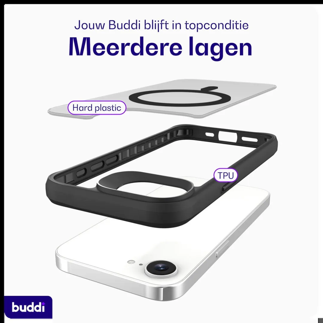 Buddi Hybrid Hoesje iPhone 16/17 - Matte Zwart - MagSafe