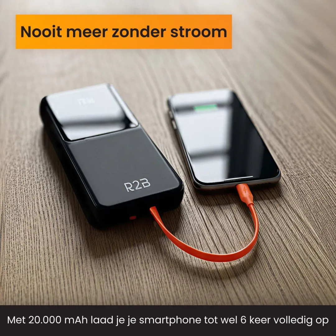 R2B Powerbank 20000mAh - 80W - 6x Smartphone - Zwart