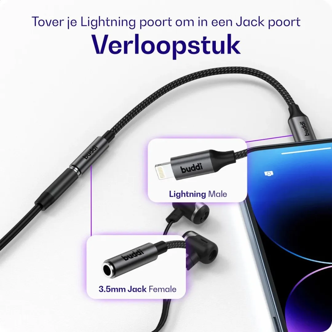 Buddi Ease 3.5mm naar Lightning Adapter - 12cm - Zwart