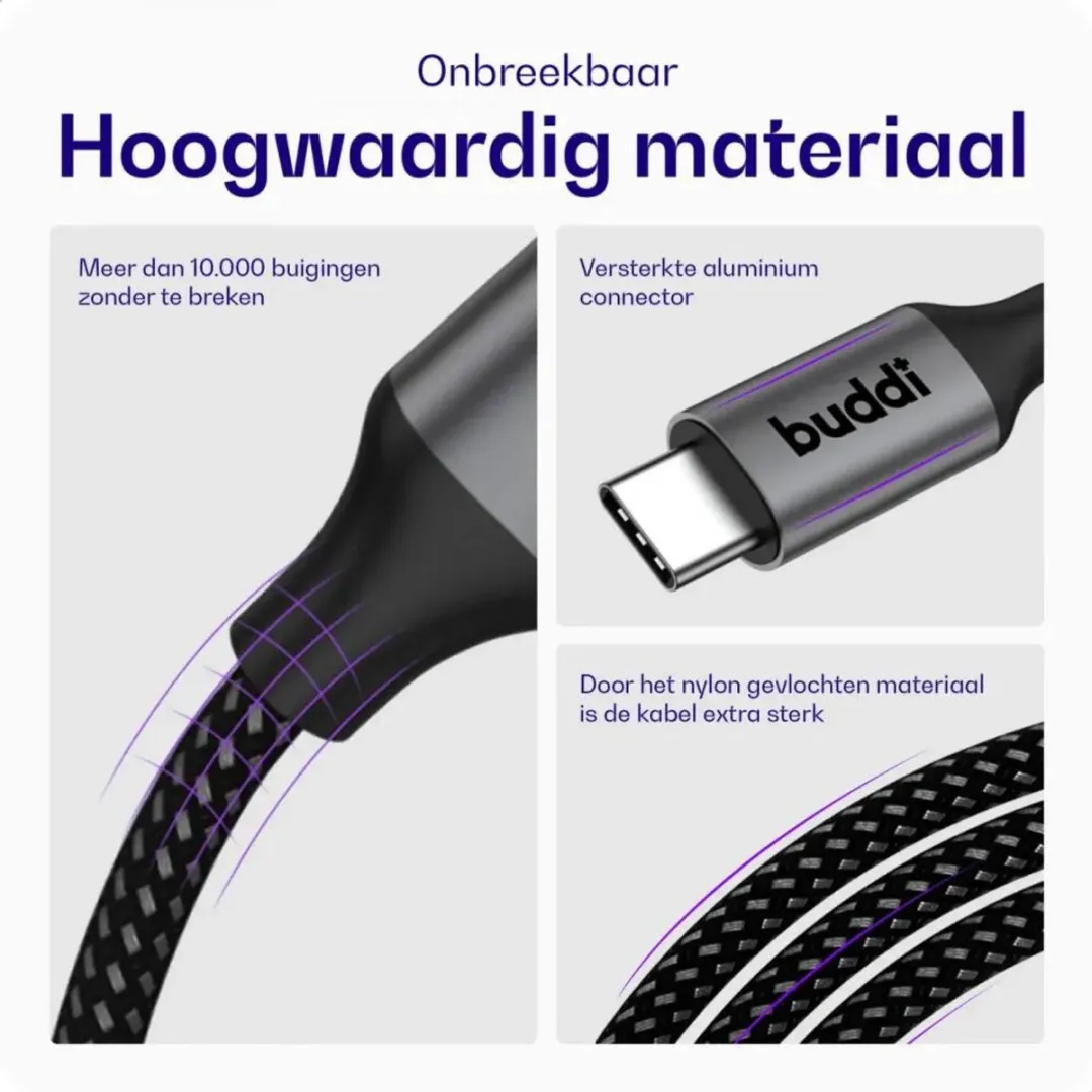 Buddi Flex USB-C naar USB-C Kabel 60W 2M - 3 Stuks