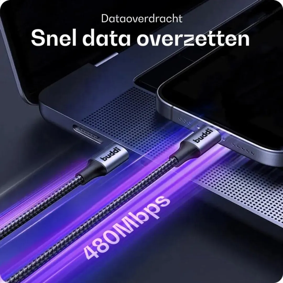Buddi Flex USB-C naar USB-C Kabel 60W 2M - 3 Stuks