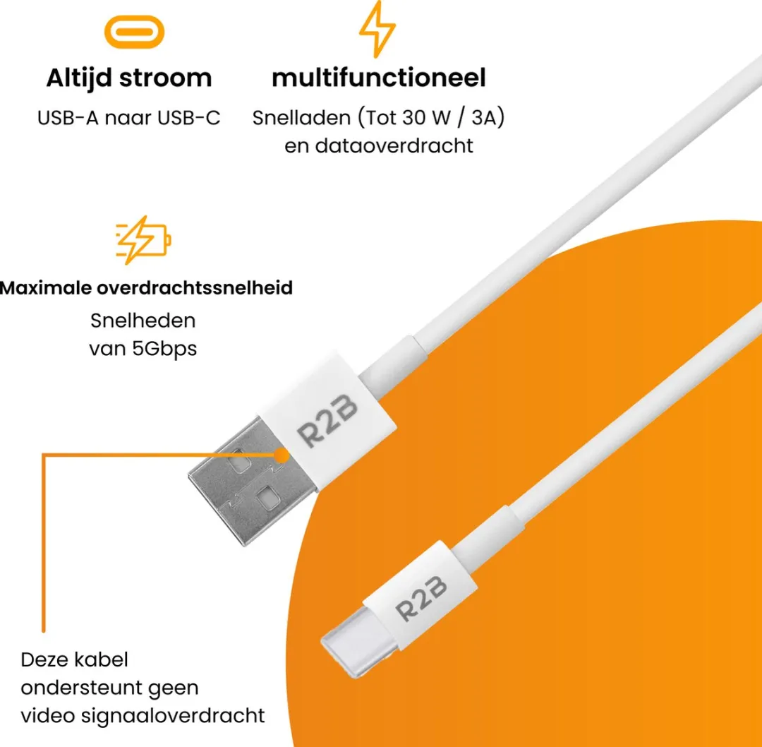 R2B USB-C naar USB-A Kabel 2m - Wit