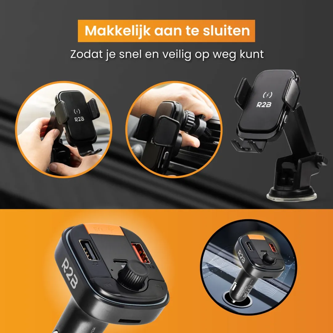 R2B Alkmaar Telefoonhouder Auto - Draadloos Opladen + Bluetooth Transmitter