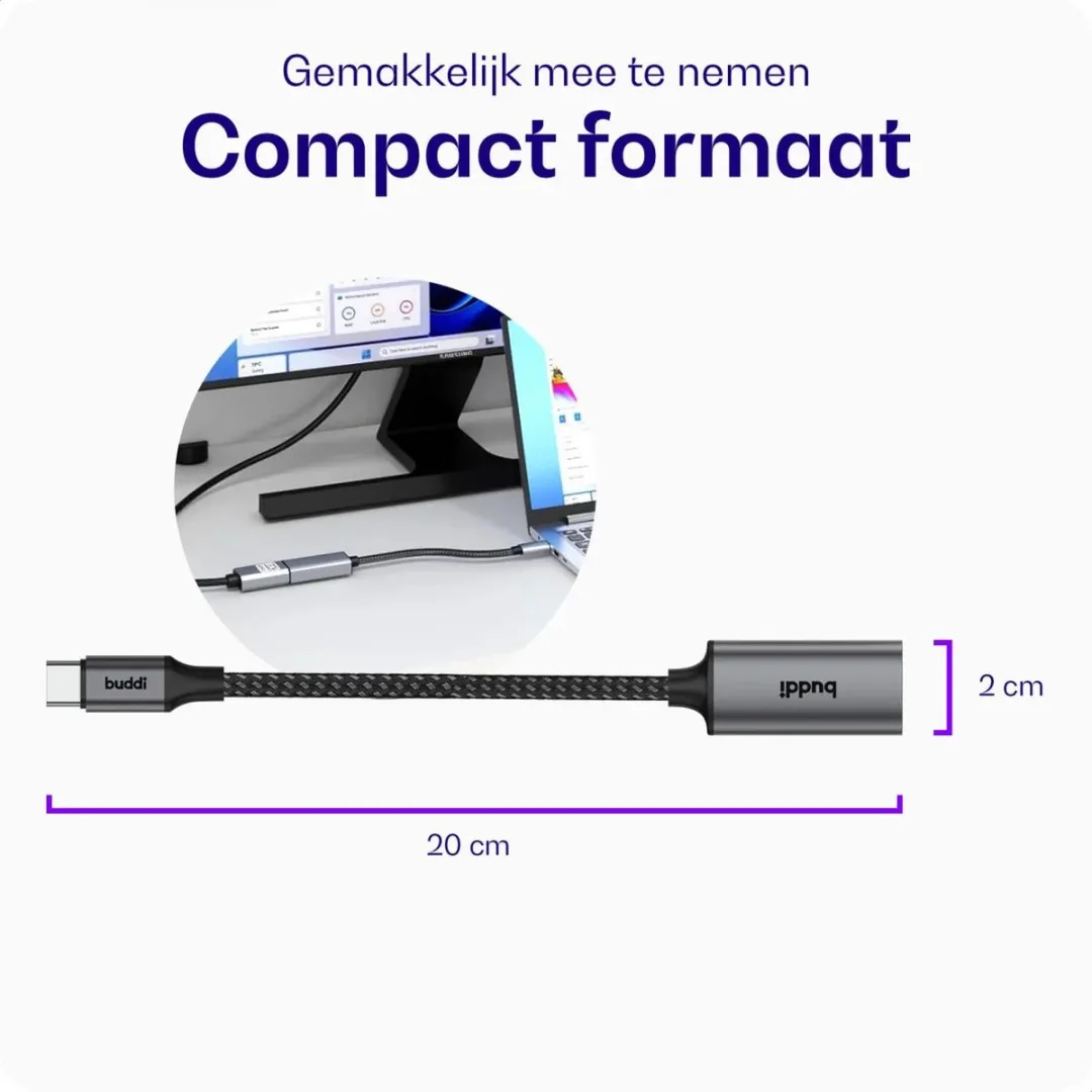 Buddi Ease USB-C naar HDMI Adapter 20cm - Grijs