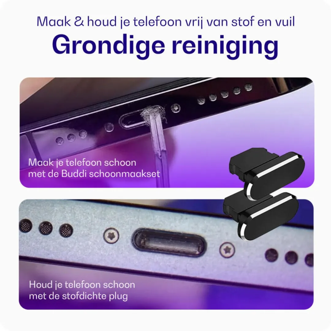 Buddi Schoonmaakset Oplaadpoort - 2x Lightning Stofdichte Plug - Zwart/Paars