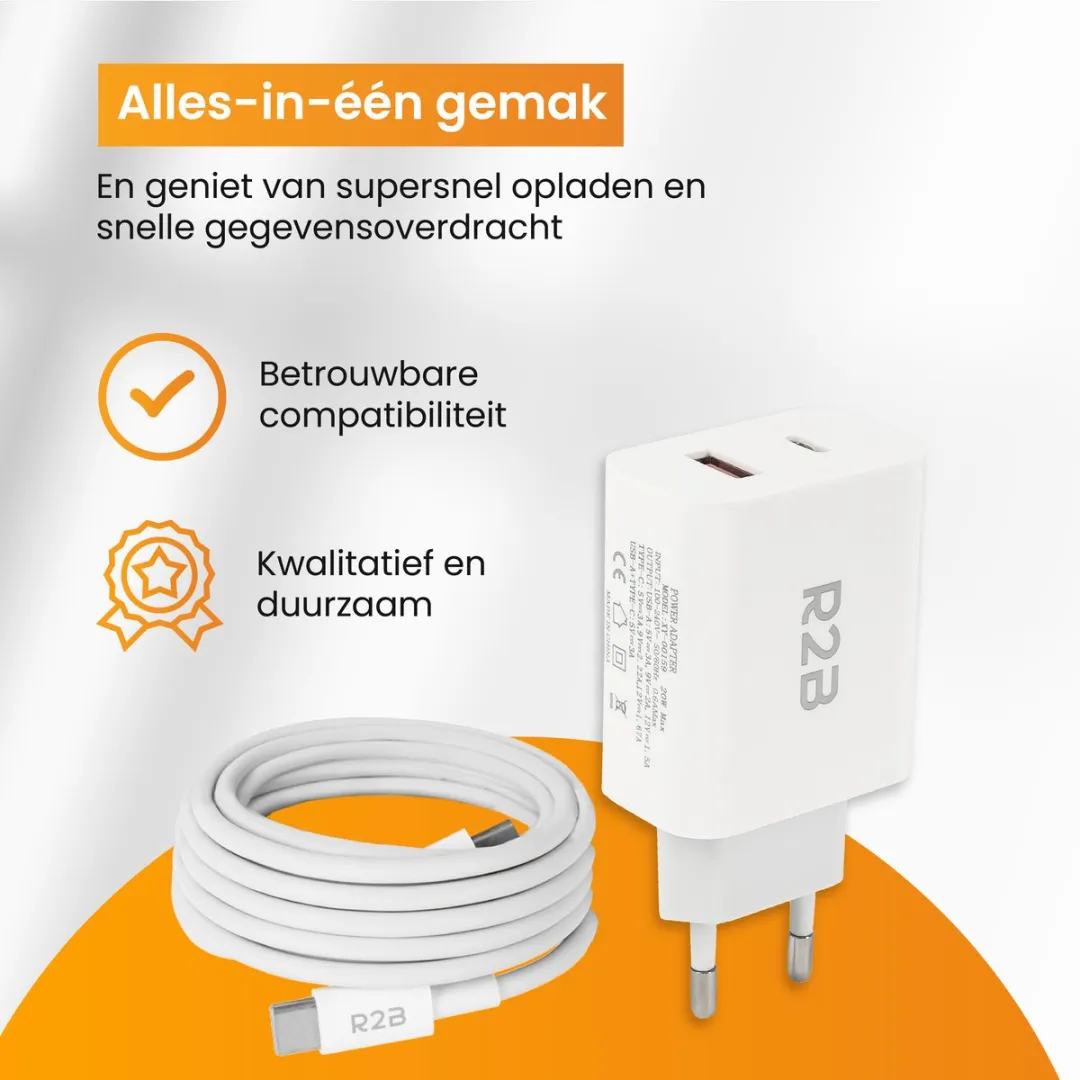 R2B USB-C Kabel 2m + USB-A/USB-C Adapter - Snellader