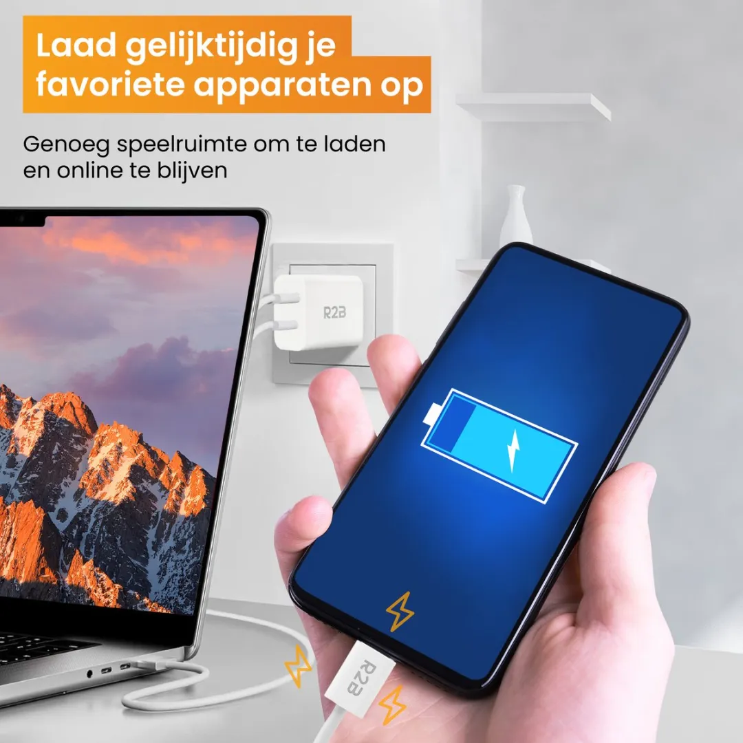 R2B USB-C Kabel 2m + USB-A/USB-C Adapter - Snellader