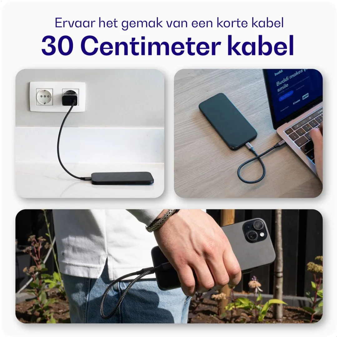 Buddi Flex USB-C Kabel 60W 0,3m - Wit