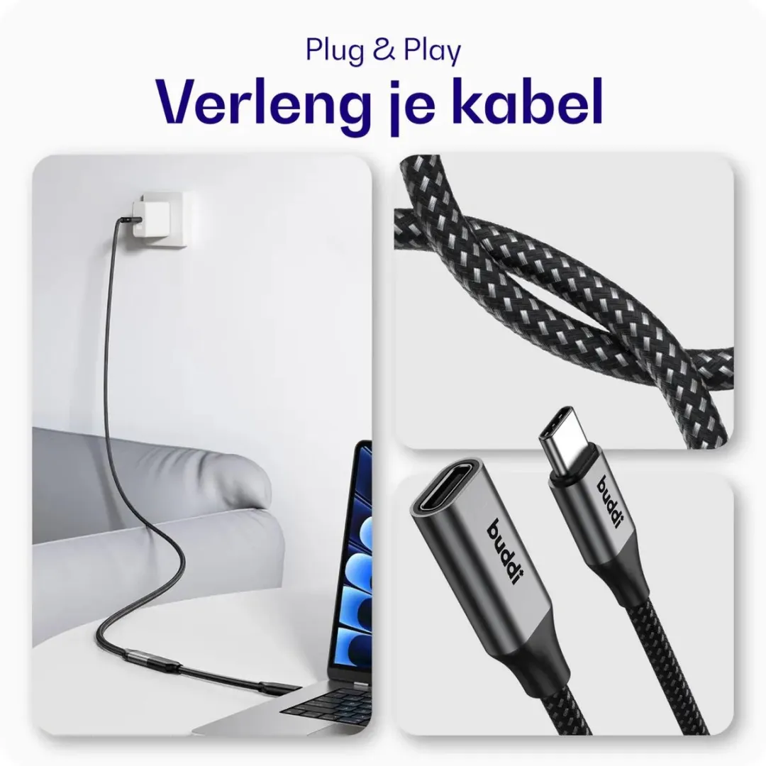 Buddi Flex USB-C Verlengkabel Female naar Male 60W - 4,5m - Zwart