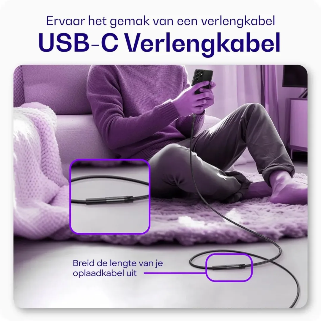 Buddi Flex USB-C Verlengkabel Female naar Male 60W - 4,5m - Zwart