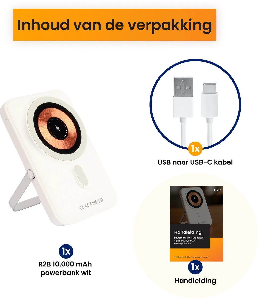 R2B ACQ15 Draadloze Powerbank 10000mAh - Wit