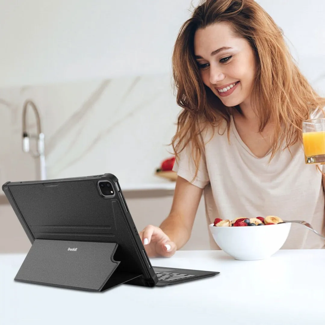 Buddi Thorn Hoes met QWERTY Toetsenbord voor Apple iPad Pro 12.9 (2018/2020/2021/2022) | Beschermhoes | Bluetooth 5.0 | met Penhouder | Book Case | Magnetisch Uitneembaar | Trackpad | Zwart/Grijs