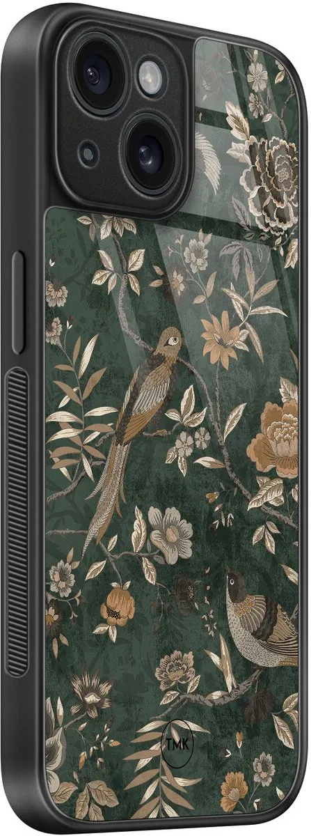 Casevibes iPhone 15 Hoesje - Groen Khaki Golden Flowers