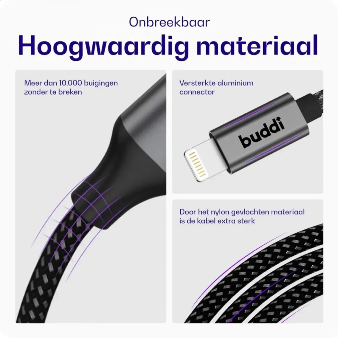 Buddi Flex Duo Pack USB-C naar Lightning Kabel 20W 2M - Zwart