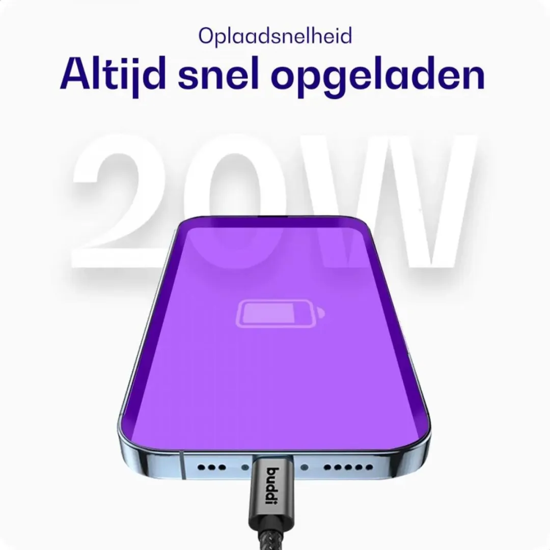Buddi Flex Duo Pack USB-C naar Lightning Kabel 20W 2M - Zwart