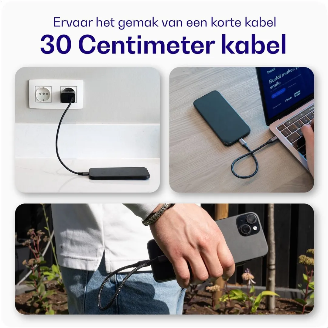 Buddi Flex USB-C naar Lightning Kabel 20W - 30cm - Wit