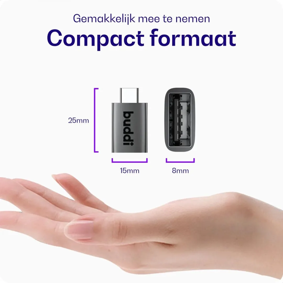 Buddi Ease USB-A naar USB-C Adapter - 5Gbps Grijs