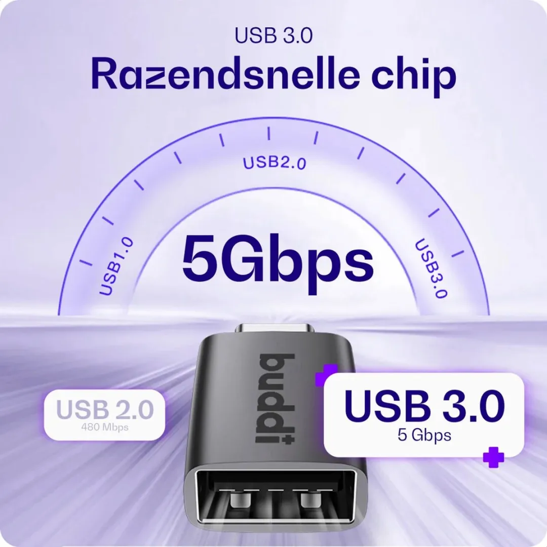 Buddi Ease USB-A naar USB-C Adapter - 5Gbps Grijs