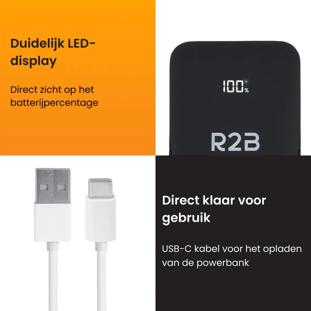 R2B ACQ15 Draadloze Powerbank 10000mAh - 38.5W - Zwartblauw