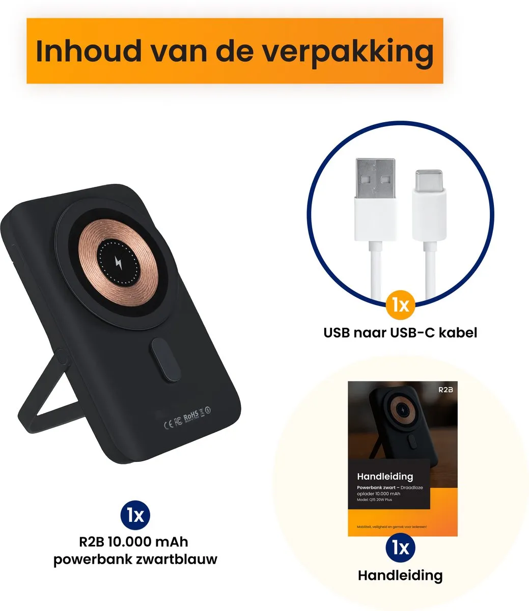 R2B ACQ15 Draadloze Powerbank 10000mAh - 38.5W - Zwartblauw