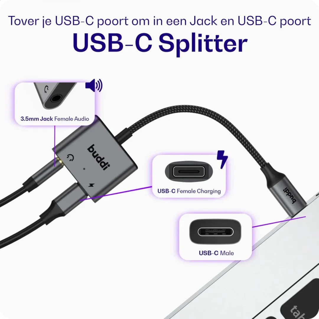 Buddi Ease USB-C naar USB-C Adapter 60W PD - Grijs