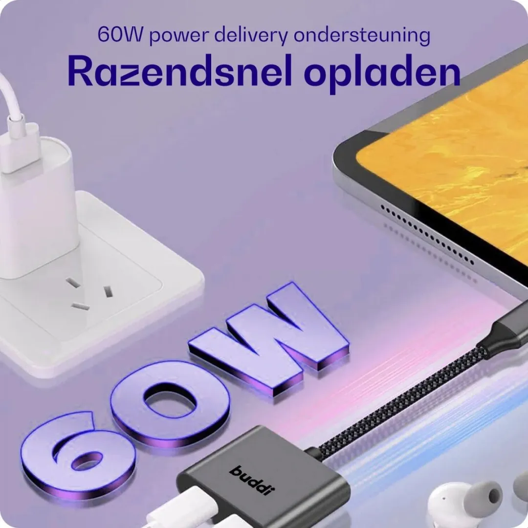 Buddi Ease USB-C naar USB-C Adapter 60W PD - Grijs