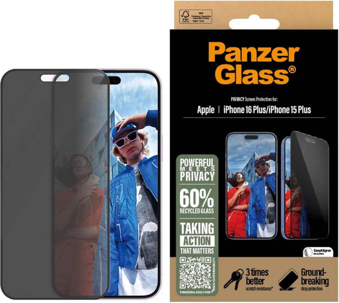 PanzerGlass Ultra-Wide Fit Privacy iPhone 16 Plus Screenprotector - Zwart