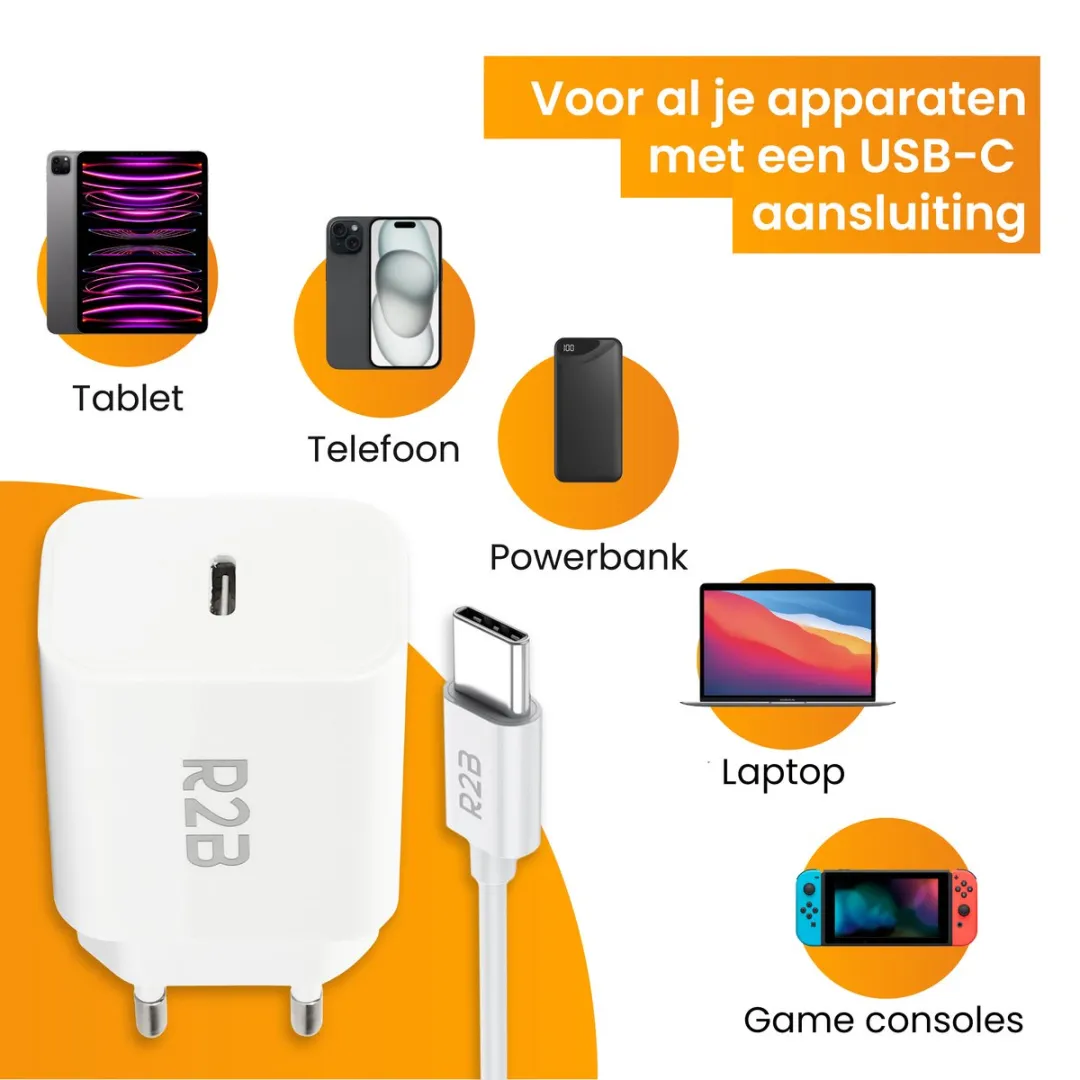R2B USB-C naar USB-C Kabel 2m - Met Adapter