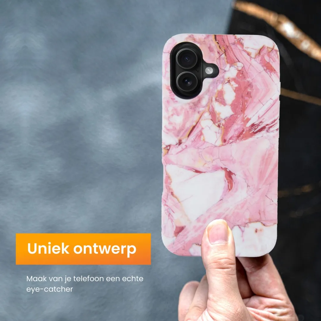 R2B iPhone 16 Hoesje Marmer - Roze/Wit/Oranje