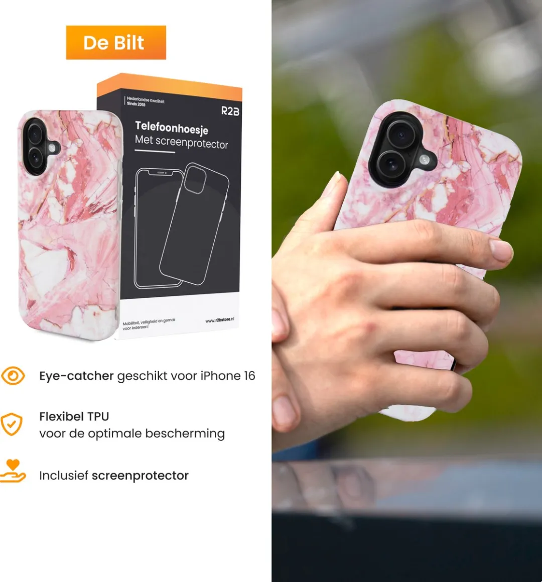 R2B iPhone 16 Hoesje Marmer - Roze/Wit/Oranje